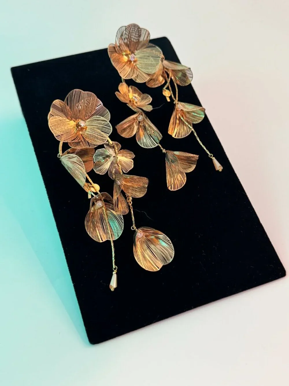 Anthropologie Gold Filigree Floral Cascading Drop Earrings Statement